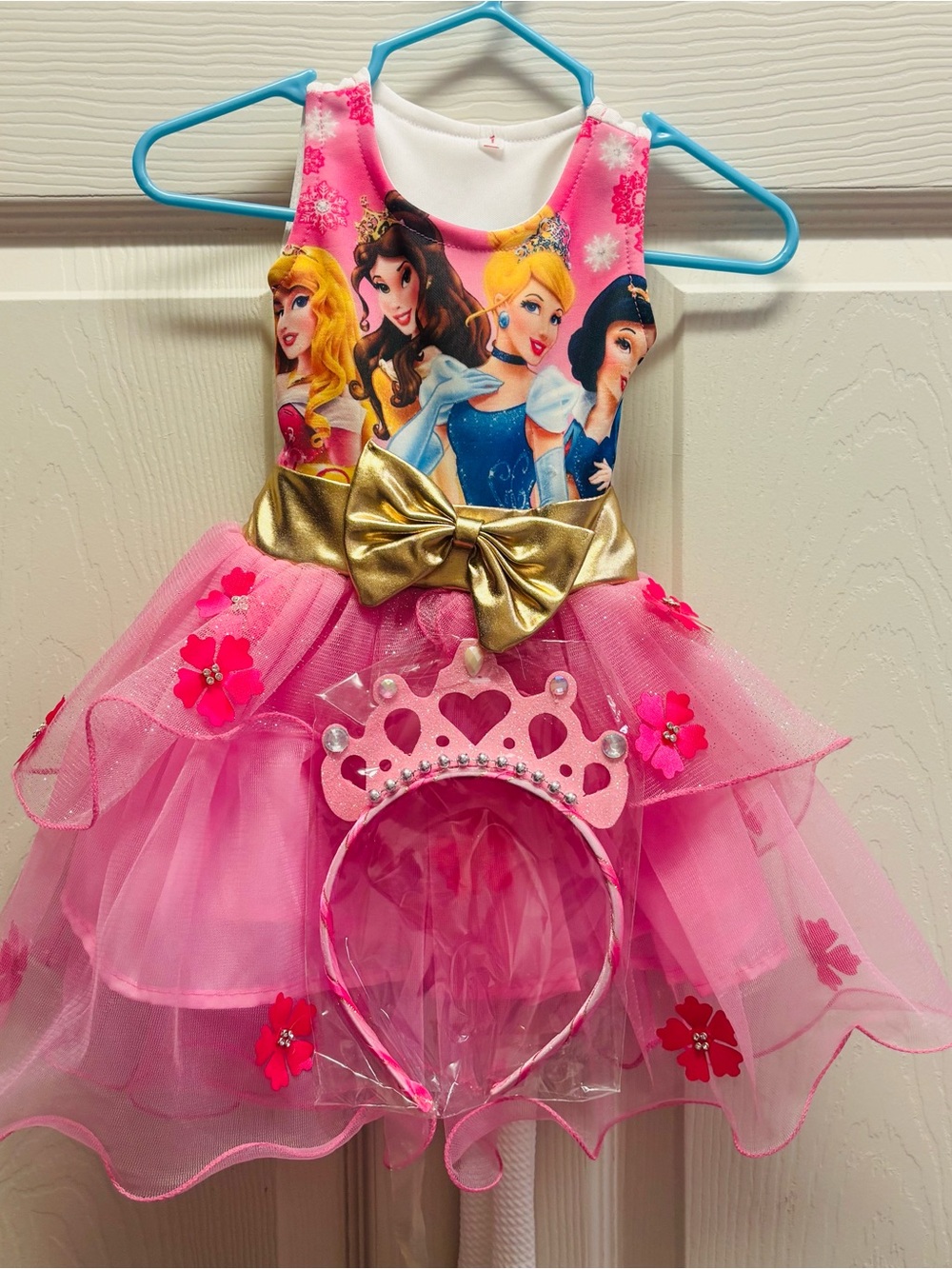 Pink Princess Tulle Dress with Gold Bow and Tiara
